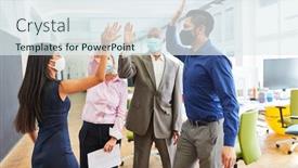  Presentation with nose - Cool new slide set with business-team-with-mouth-nose backdrop and a sky blue colored foreground