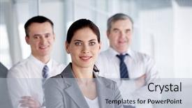  Presentation with team leader - Amazing theme having business team with pretty leader in front looking at camera and smiling backdrop and a light blue colored foreground