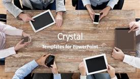  Presentation with smartphones - Colorful presentation design enhanced with business team with smartphones and tablet pc backdrop and a coral colored foreground