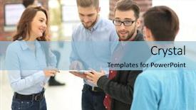  Presentation with team discussion - Audience pleasing presentation consisting of business team with tablet pc backdrop and a  colored foreground