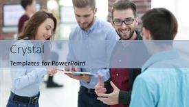  Presentation with team discussion - Slide set enhanced with business team with tablet pc computer having discussion in offic background and a light blue colored foreground