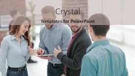  Presentation with team discussion - Colorful PPT layouts enhanced with business team with tablet pc computer having discussion in offic backdrop and a light gray colored foreground