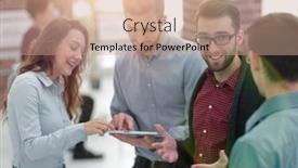  Presentation with team discussion - Presentation theme consisting of business team with tablet pc computer having discussion in offic background and a coral colored foreground