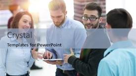  Presentation with team discussion - Audience pleasing theme consisting of business team with tablet pc computer having discussion in offic backdrop and a light blue colored foreground