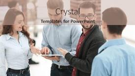  Presentation with team discussion - Presentation theme enhanced with business team with tablet pc computer having discussion in offic background and a coral colored foreground