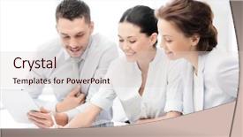  Presentation with team discussion - Colorful slide set enhanced with business team with tablet pcs backdrop and a  colored foreground