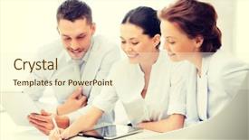  Presentation with team discussion - Cool new PPT theme with business team with tablet pcs backdrop and a  colored foreground