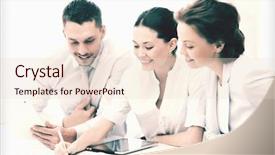  Presentation with team discussion - Amazing presentation theme having business team with tablet pcs backdrop and a  colored foreground