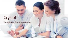  Presentation with team discussion - Slide deck enhanced with business team with tablet pcs background and a  colored foreground