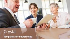  Presentation with team training - Presentation theme having business-team-with-woman background and a coral colored foreground