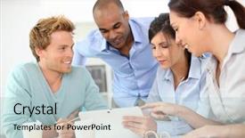  Presentation with team - Beautiful PPT theme featuring business team working in office backdrop and a light blue colored foreground