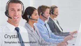  Presentation with computers - Cool new presentation design with business team working on computers and wearing headsets in call center backdrop and a light blue colored foreground