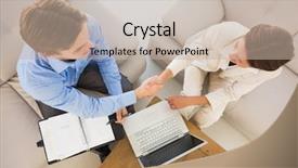  Presentation with team working together - Amazing PPT theme having business team working together on the couch shaking hands in the office backdrop and a mint green colored foreground