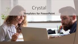  Presentation with team working together - Cool new PPT theme with business-team-working-together backdrop and a light gray colored foreground