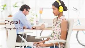  Presentation with team working together - Presentation theme featuring business team working together on laptops in the office background and a lemonade colored foreground