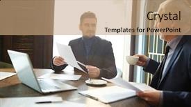  Presentation with teachers working around a table - Slide set enhanced with business team working with documents background and a  colored foreground