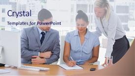  Presentation with business office desk - Amazing presentation theme having business team working with a notepad at desk in office backdrop and a sky blue colored foreground