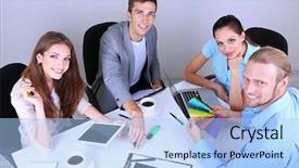  Presentation with team working together - Amazing slides having business team working on their project together at office backdrop and a light blue colored foreground