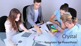  Presentation with team working together - Presentation enhanced with business team working on their project together at office background and a light blue colored foreground