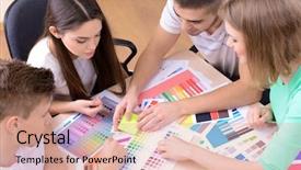  Presentation with team working together - Audience pleasing theme consisting of business team working on their project together at office backdrop and a coral colored foreground