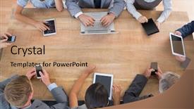  Presentation with multimedia - Amazing presentation having business team working on their multimedia devices in the office backdrop and a coral colored foreground