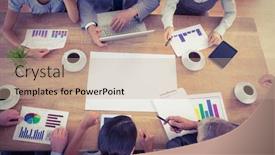  Presentation with multimedia - Presentation design consisting of business team working on their multimedia devices in the office background and a coral colored foreground