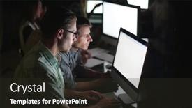  Presentation with computers - Slide set with business-team-works-on-computers background and a wine colored foreground