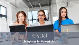  Presentation with computers - Amazing presentation theme having business teamwork and people concept - female team or businesswomen with tablet pc and laptop computers working at office backdrop and a gray colored foreground