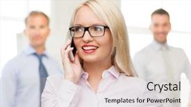  Presentation with secretary - PPT theme consisting of business teamwork and people concept - smiling businesswoman student or secretary in eyeglasses calling on smartphone over office and group of colleagues background background and a soft green colored foreground