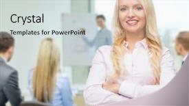  Presentation with secretary - Cool new presentation theme with business teamwork and people concept - smiling businesswoman student or secretary over office and group of colleagues background backdrop and a soft green colored foreground