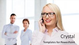  Presentation with secretary - Slides enhanced with business teamwork and people concept - smiling businesswoman student or secretary in eyeglasses calling on smartphone over office and group of colleagues background background and a lemonade colored foreground