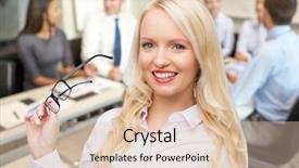  Presentation with teamwork - Colorful presentation theme enhanced with business teamwork and people concept - smiling businesswoman student or secretary with eyeglasses over office and group of colleagues background backdrop and a lemonade colored foreground