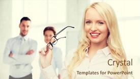  Presentation with secretary - PPT theme consisting of business teamwork and people concept - smiling businesswoman student or secretary with eyeglasses over office and group of colleagues background background and a lemonade colored foreground