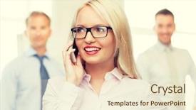  Presentation with secretary - Cool new PPT layouts with business teamwork and people concept - smiling businesswoman student or secretary in eyeglasses calling on smartphone over office and group of colleagues background backdrop and a cream colored foreground
