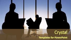  Presentation with business people silhouette - Slide deck with business teamwork and people concept - silhouette of people with laptops and documents working over office window background background and a tawny brown colored foreground