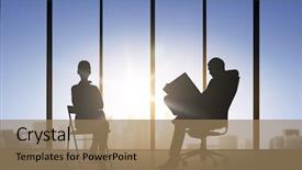  Presentation with business people silhouette - PPT theme with business teamwork and people concept - silhouette of people working over office window background background and a coral colored foreground