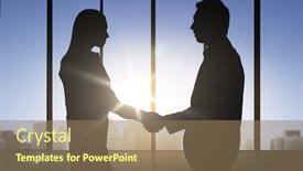  Presentation with teamwork cooperation - PPT theme featuring business teamwork partnership cooperation and people concept - business people shaking hands over office background background and a coral colored foreground