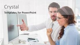  Presentation with contract - PPT theme featuring business teamwork speaking about a contract in the office background and a light gray colored foreground