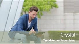  Presentation with computer on success - Beautiful slide deck featuring business technology - caucasian businessman use of tablet backdrop and a mint green colored foreground