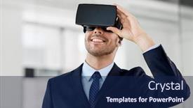  Presentation with augmented reality business - Beautiful presentation theme featuring business technology and augmented reality concept - smiling businessman with vr headset at office backdrop and a navy blue colored foreground