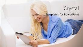  Presentation with technology learning - Cool new slide set with business technology and e-learning concept - smiling woman with tablet pc computer at home backdrop and a lemonade colored foreground