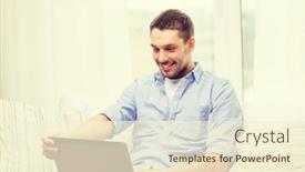  Presentation with learning technology - Cool new presentation with business technology and e-learning concept - smiling man working with laptop at home backdrop and a cream colored foreground