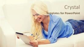  Presentation with technology learning - Presentation theme enhanced with business technology and e-learning concept - smiling woman with tablet pc computer at home background and a cream colored foreground