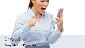  Presentation with technology education - Slide deck with business technology and education concept - screaming businesswoman with smartphone background and a light blue colored foreground