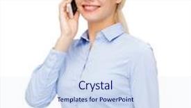  Presentation with education technology - Audience pleasing presentation theme consisting of business technology and education concept - friendly young smiling businesswoman with smartphone backdrop and a sky blue colored foreground