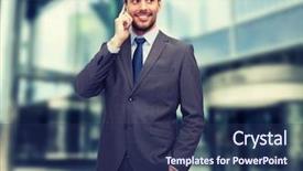  Presentation with education technology - PPT layouts consisting of business technology and education concept - friendly young smiling businessman with smartphone background and a navy blue colored foreground