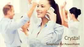  Presentation with education technology - Beautiful presentation featuring business technology and education concept - friendly young smiling businesswoman with smartphone in office backdrop and a lemonade colored foreground