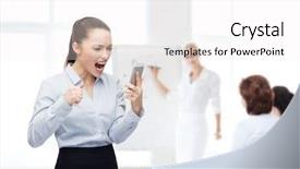  Presentation with technology education - Colorful presentation design enhanced with business technology and education concept - screaming businesswoman with smartphone in office backdrop and a white colored foreground
