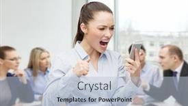  Presentation with education technology - PPT layouts with business technology and education concept - screaming businesswoman with smartphone in office background and a light blue colored foreground