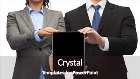  Presentation with black technology - Presentation design enhanced with business technology and internet concept - businessman and businesswoman with blank black tablet pc screen background and a wine colored foreground